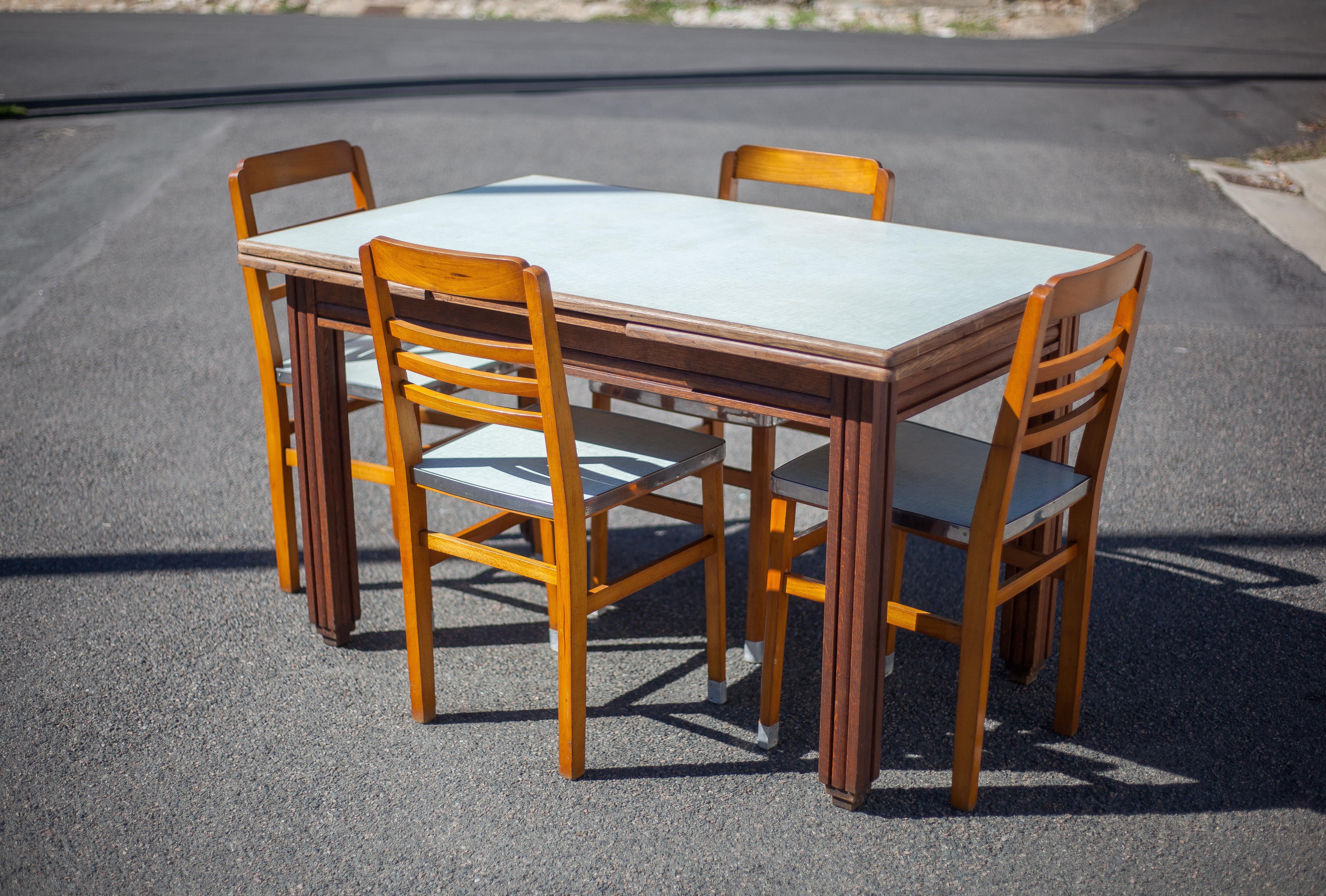 Antique wood table with 4 chairs, wooden table and formica, stepped foot table with extensions, 50's