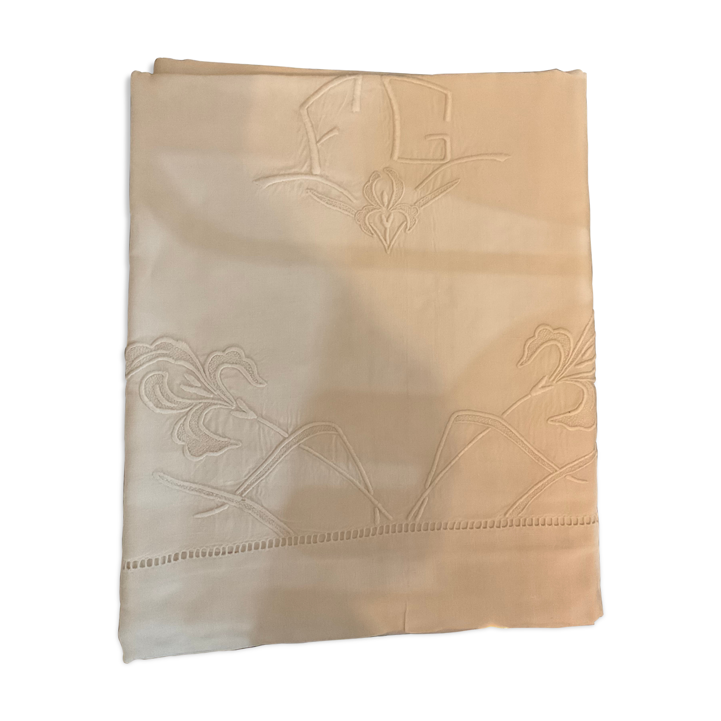 Old embroidered sheet. FG and embroidered flowers.232x315
