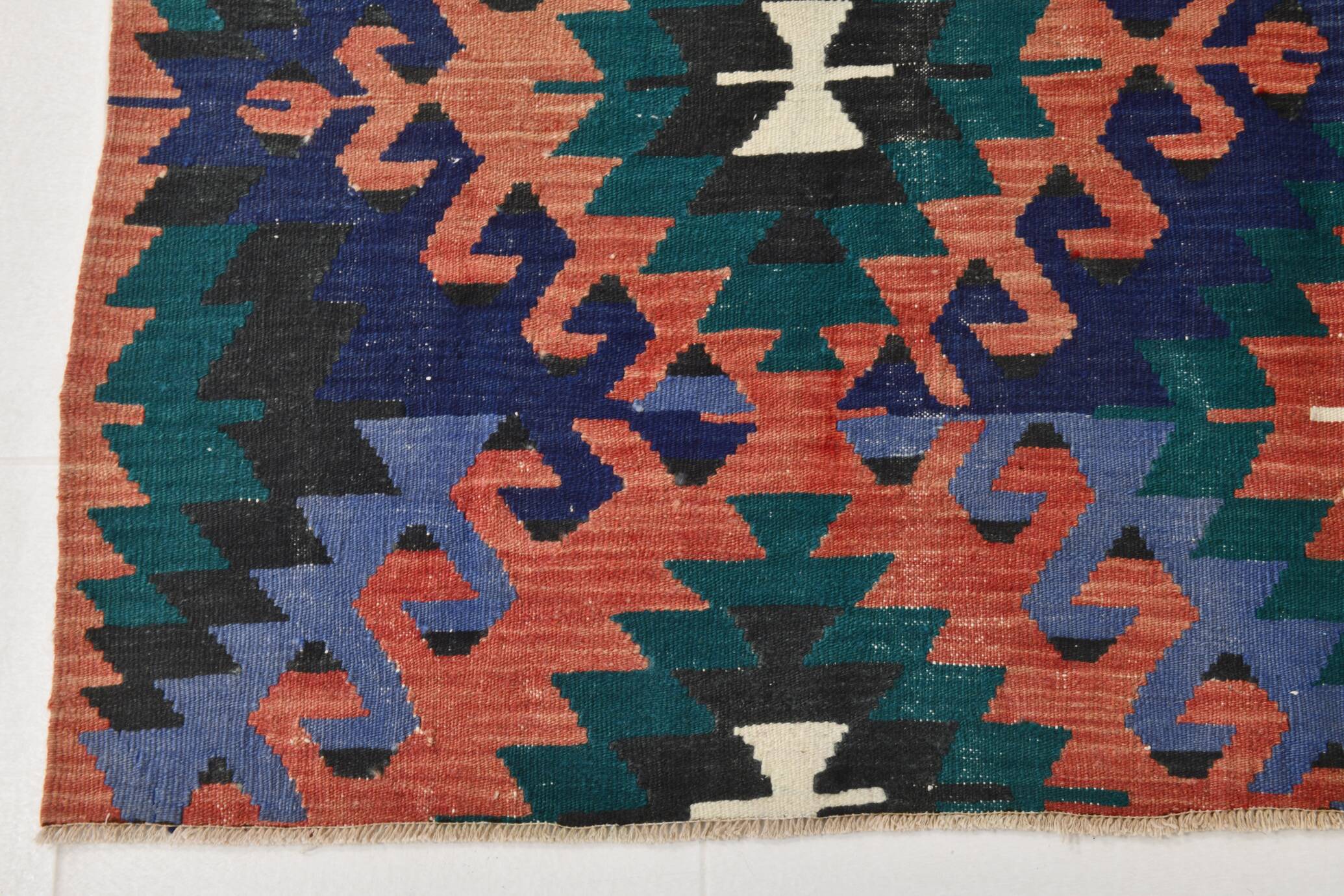 Red & Blue Geometric Vintage Kilim Rug, 158x238Cm