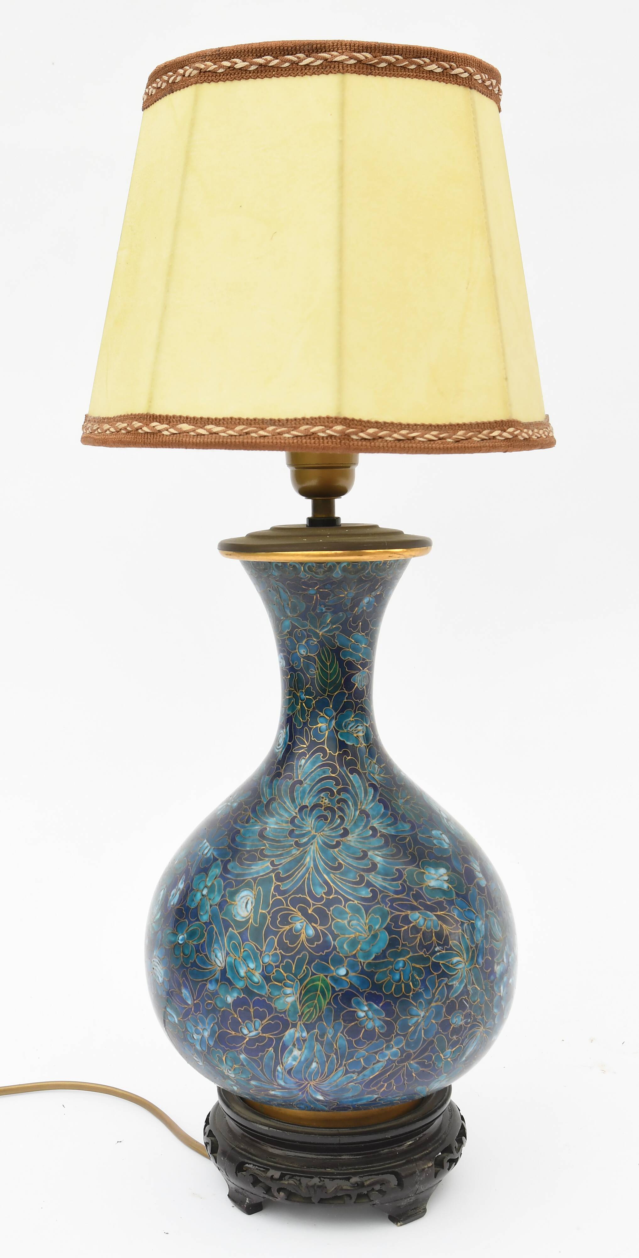 Baluster vase in blue cloisonné enamel mounted in lamp