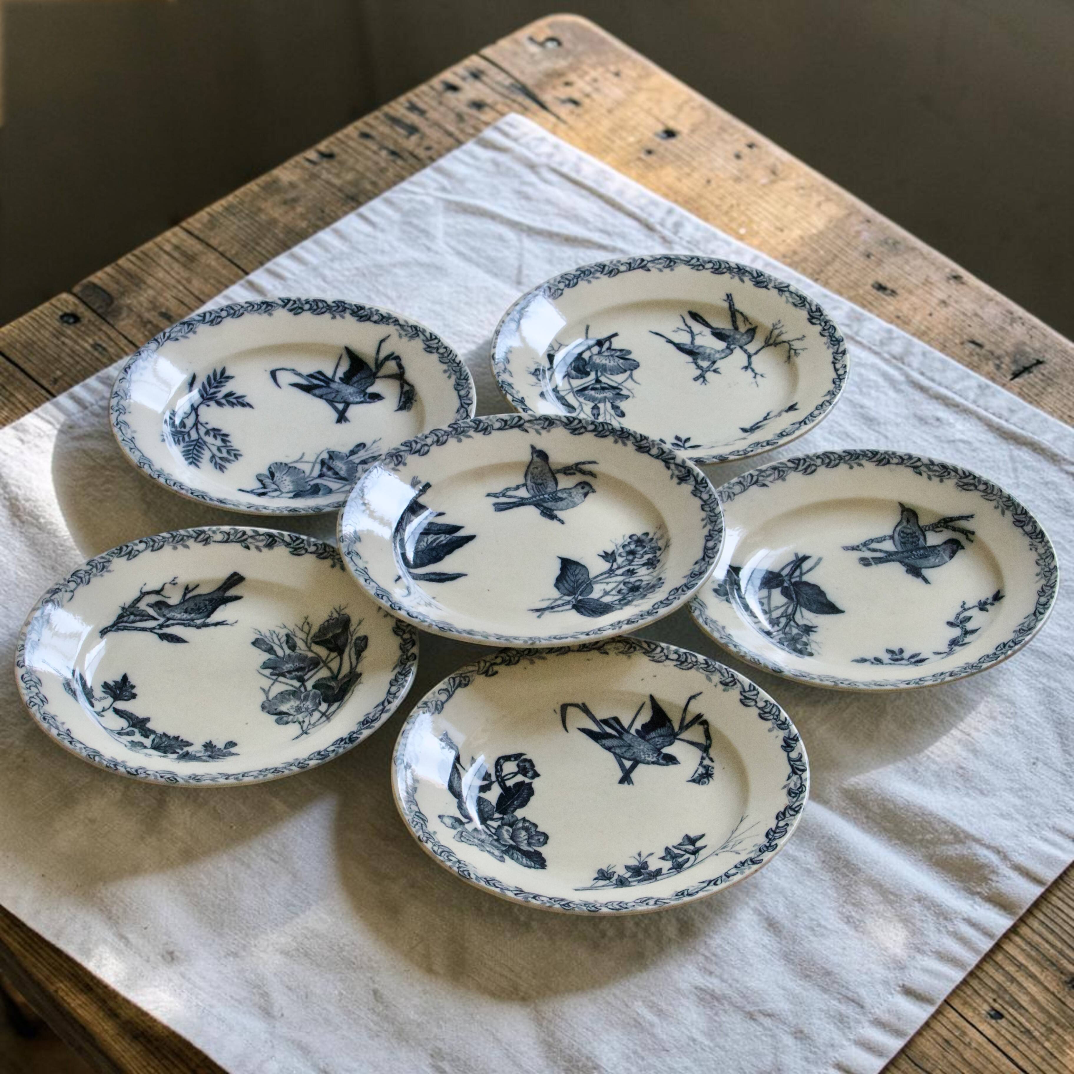 Assiettes plates oiseaux du XIXe siècle terre de fer signées Onnaing