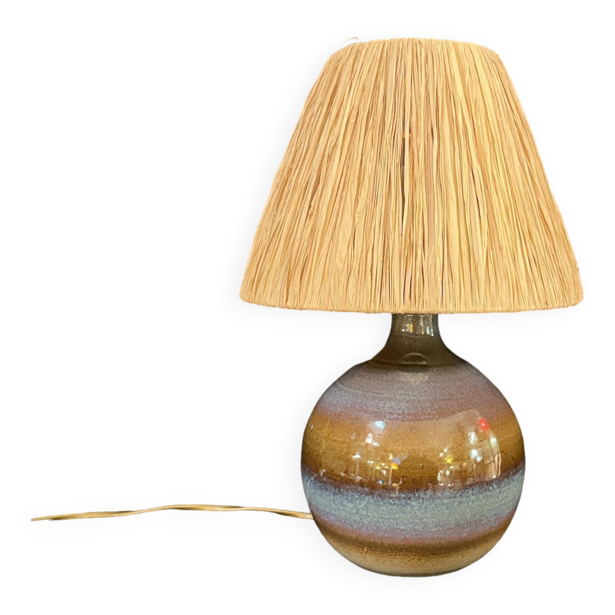 Vintage stoneware ceramic lamp signed JM, 1970s/80s, bohemian raffia rope lampshade