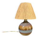 Vintage ceramic stoneware lamp signed JM 70s 80s bohemian raffia rope lampshade