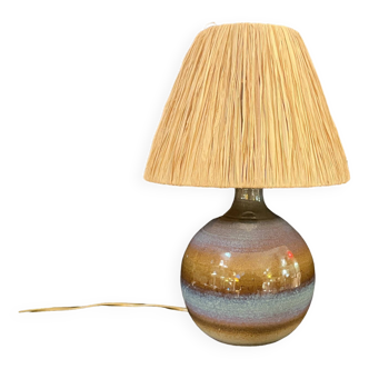 Lampe en grés céramique vintage signé JM  années 70 80 abat-jour corde raphia bohème
