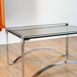 Rectangular coffee table in chrome and smoked glass, arched legs, Space Age, Design, 1970