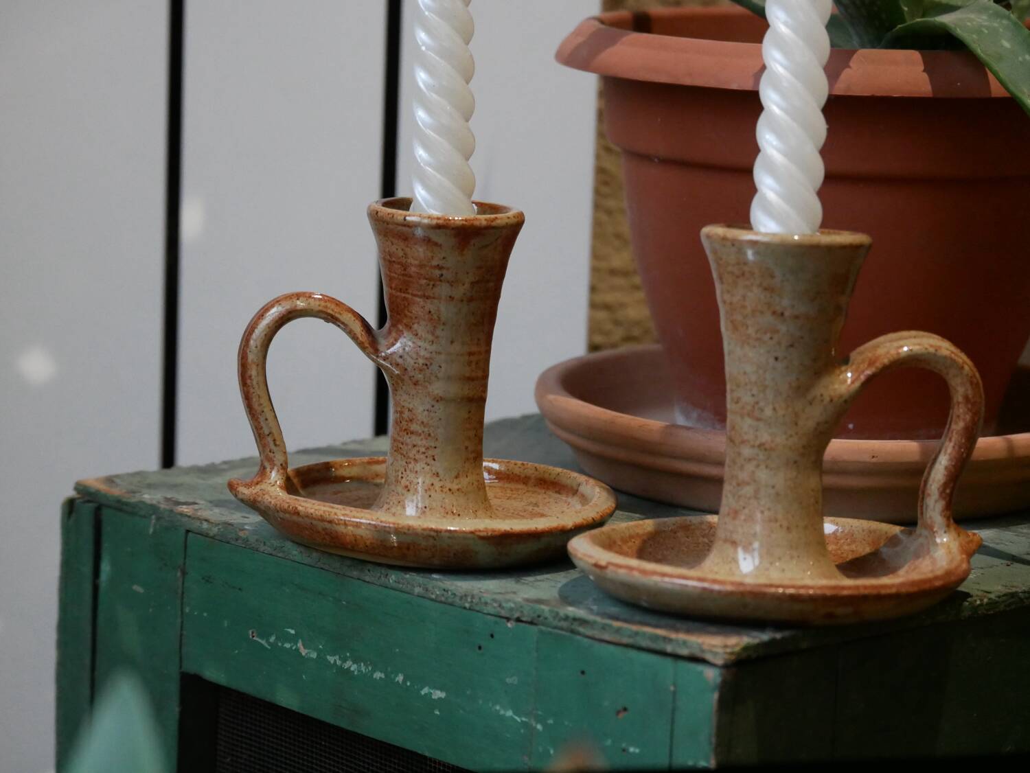 Stoneware candle holders - set of 2 (signed)