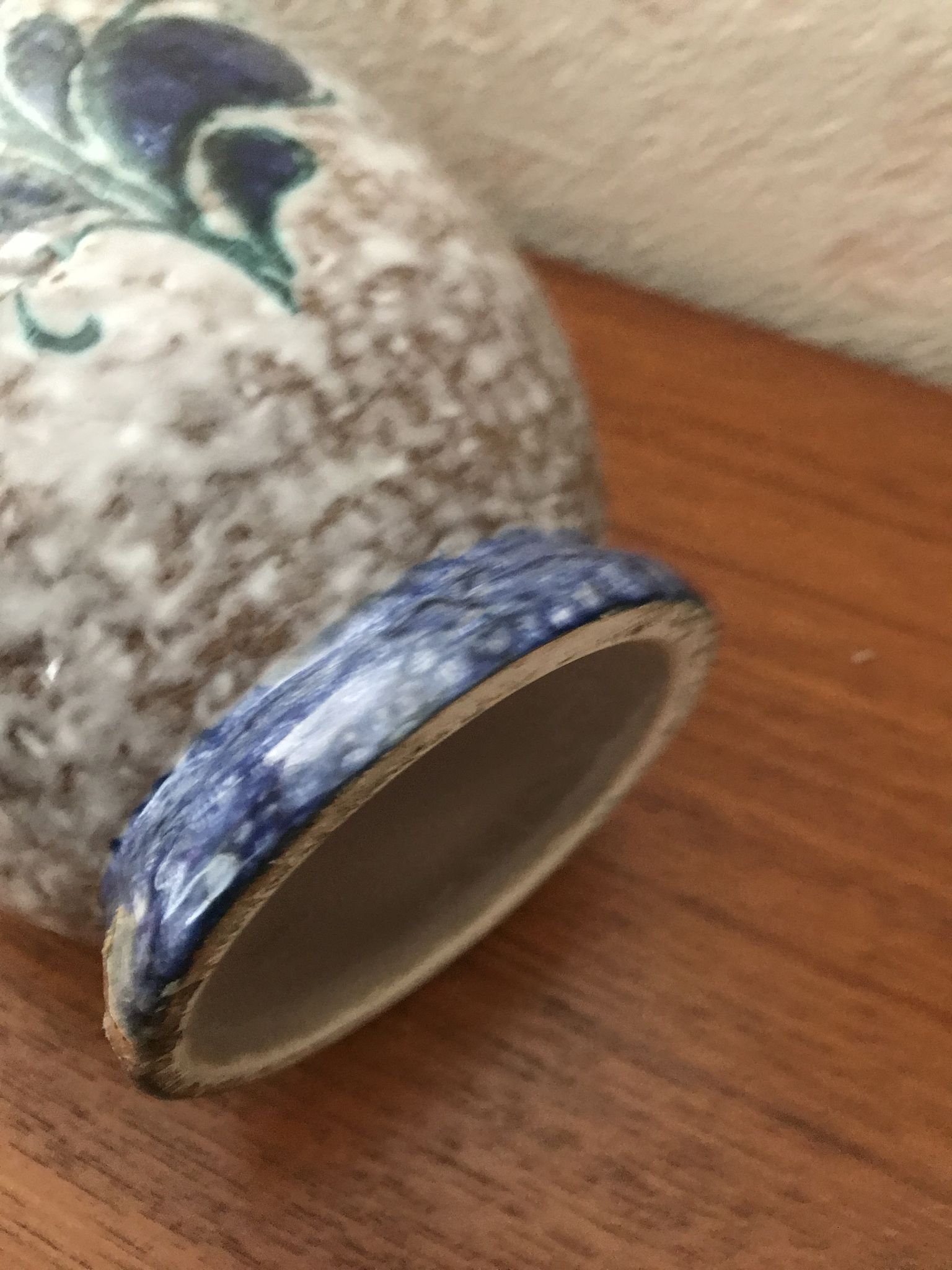 Pied de lampe en grès décor floral bleu nuit
