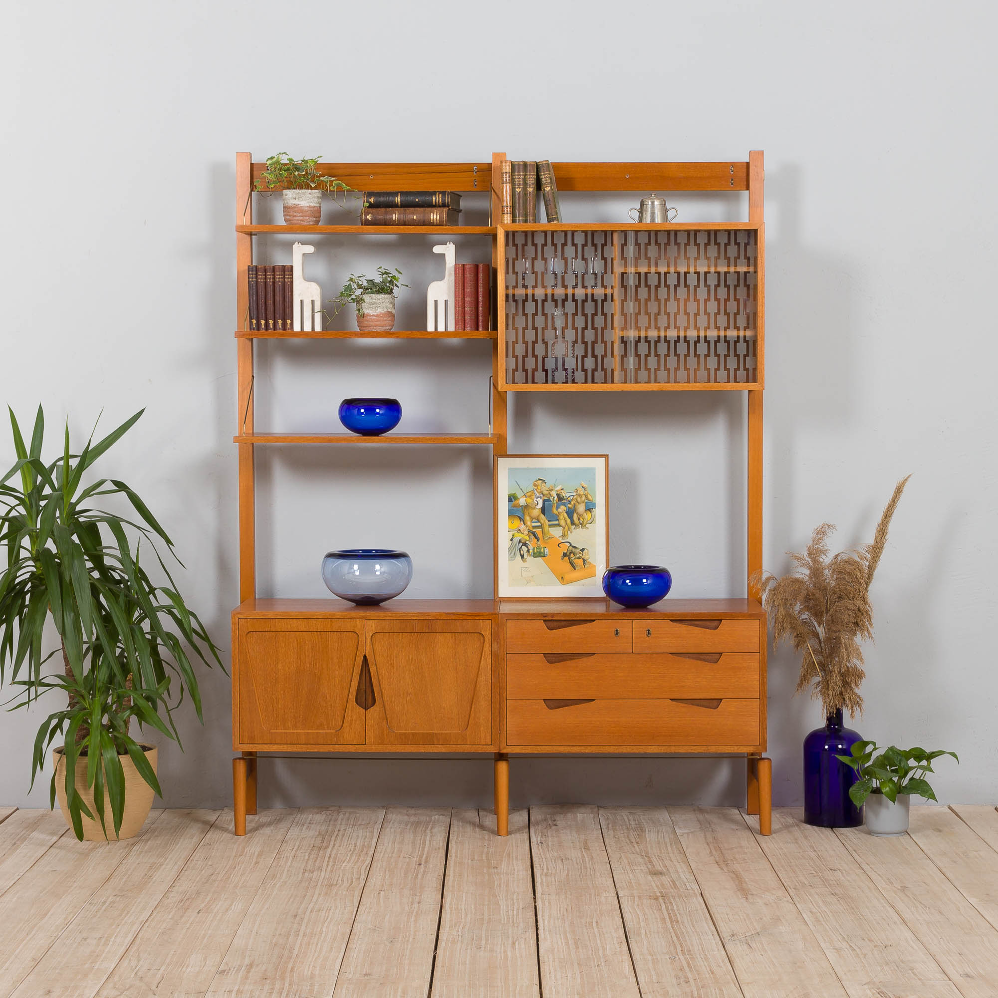 Rival 2 bay free standing teak wall unit with 3 cabinets and 3 shelves by Brodrene Jatogs Norway, Kj