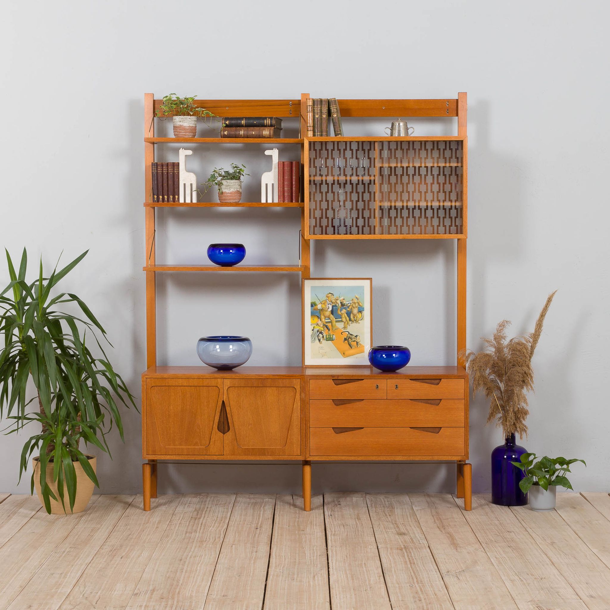 Rival 2 bay free standing teak wall unit with 3 cabinets and 3 shelves by Brodrene Jatogs Norway, Kj