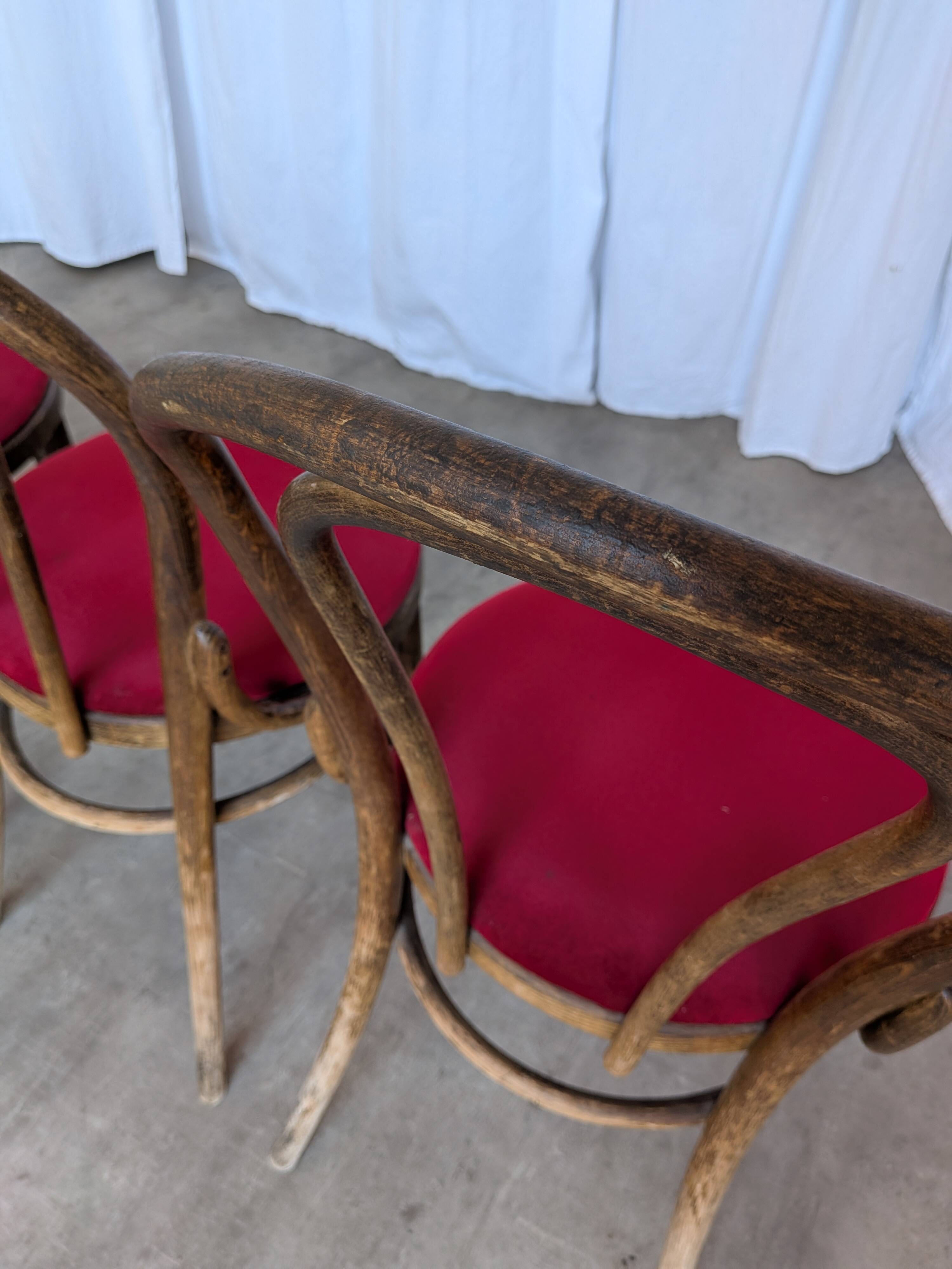 Set of 4 Vintage Bentwood Bistro Chairs, Red Upholstery