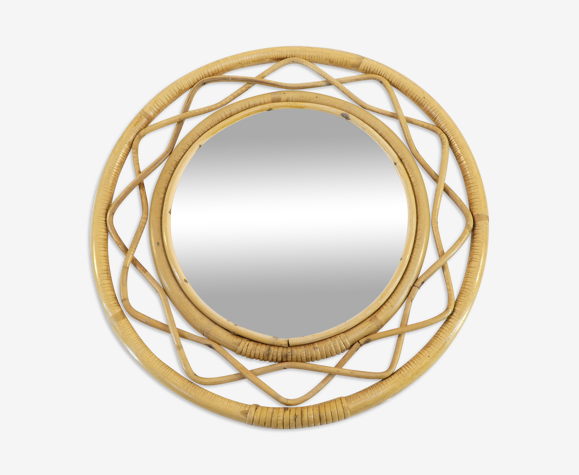 Miroir vintage rond en rotin