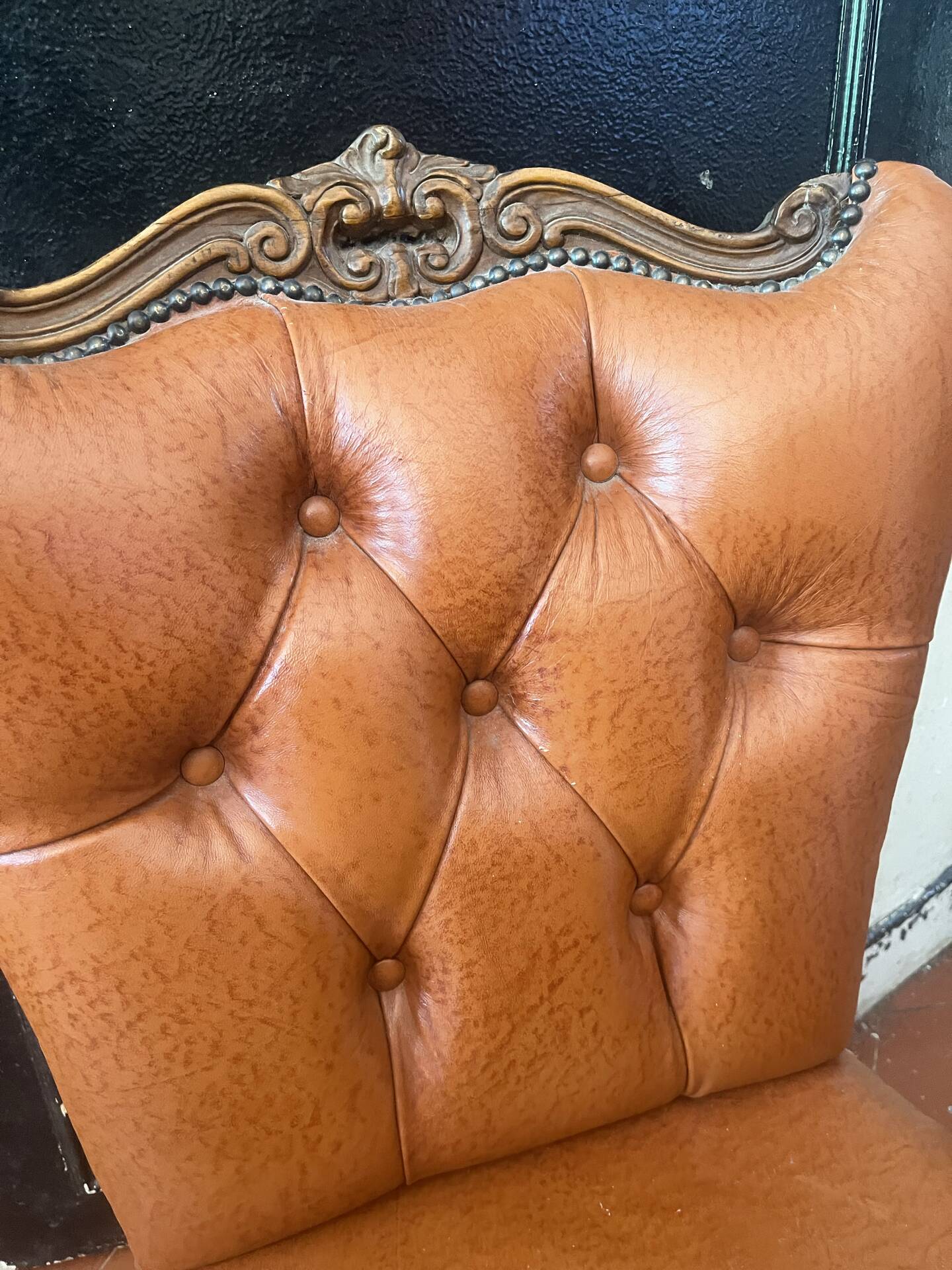 Superb Vintage Louis XV Style Armchair - Cognac Upholstered Faux Leather