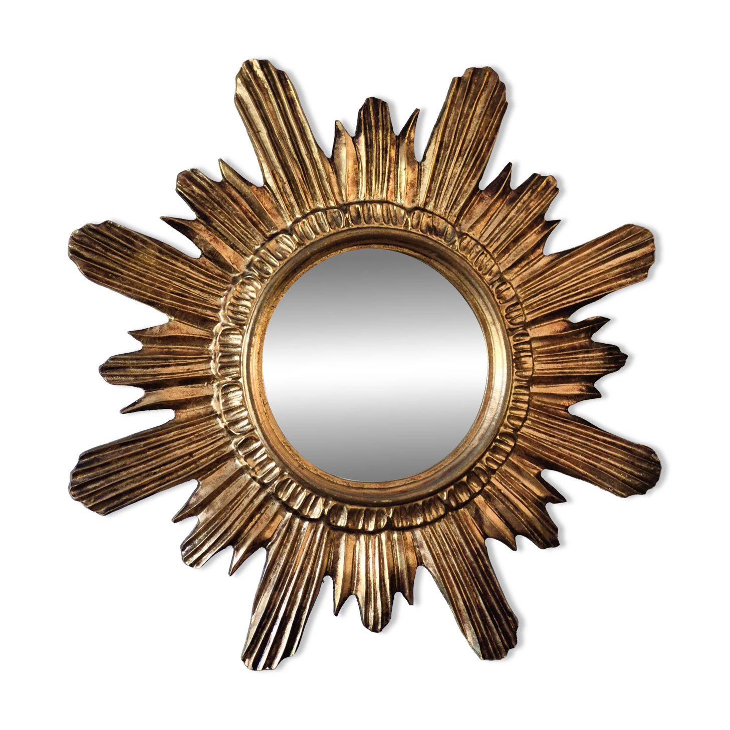 Golden sun mirror in wood, vintage, 1950s, made in Italy.