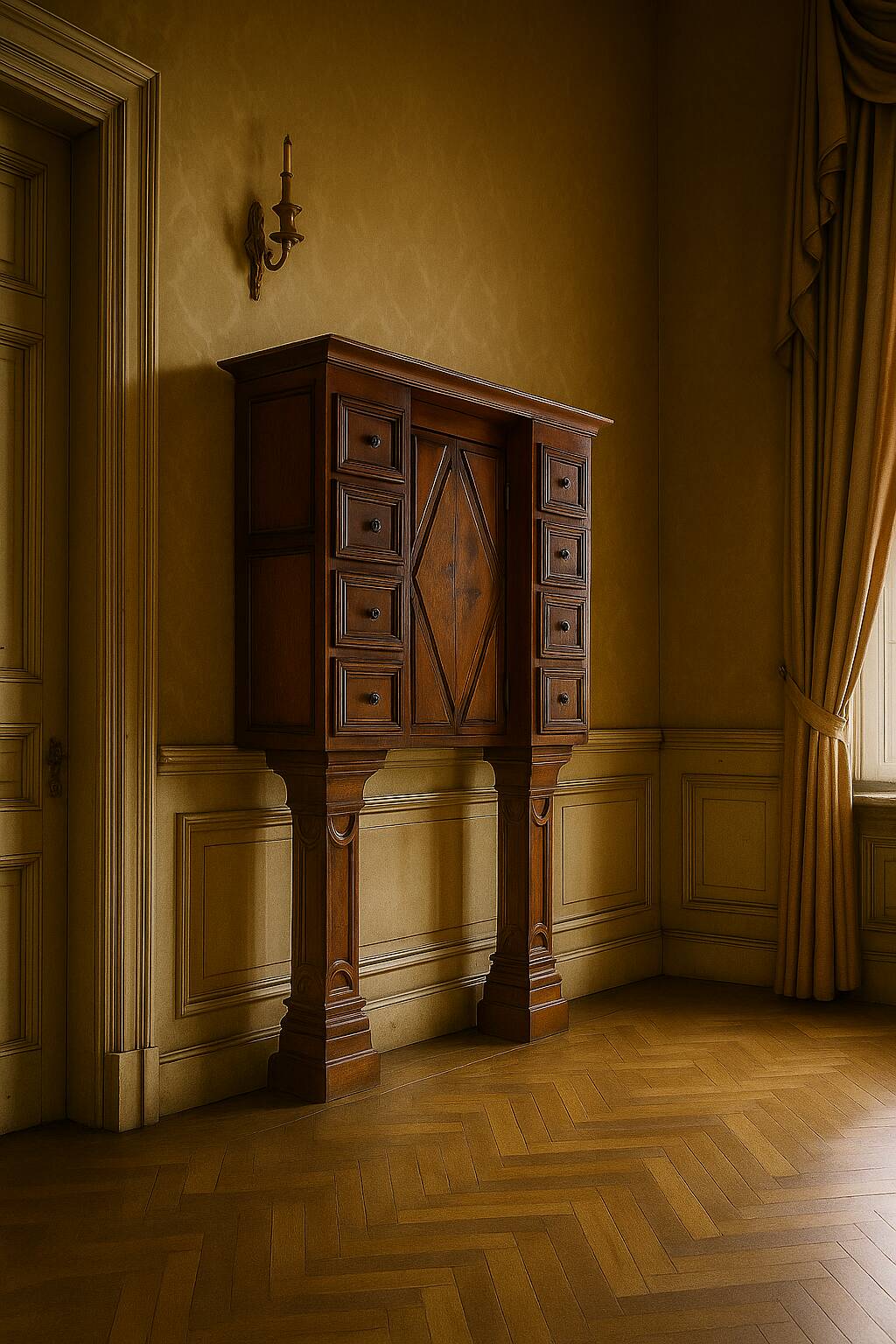 Stipo Monetiere, Piedmont 17th century cabinet with 8 drawers, in walnut, Italy