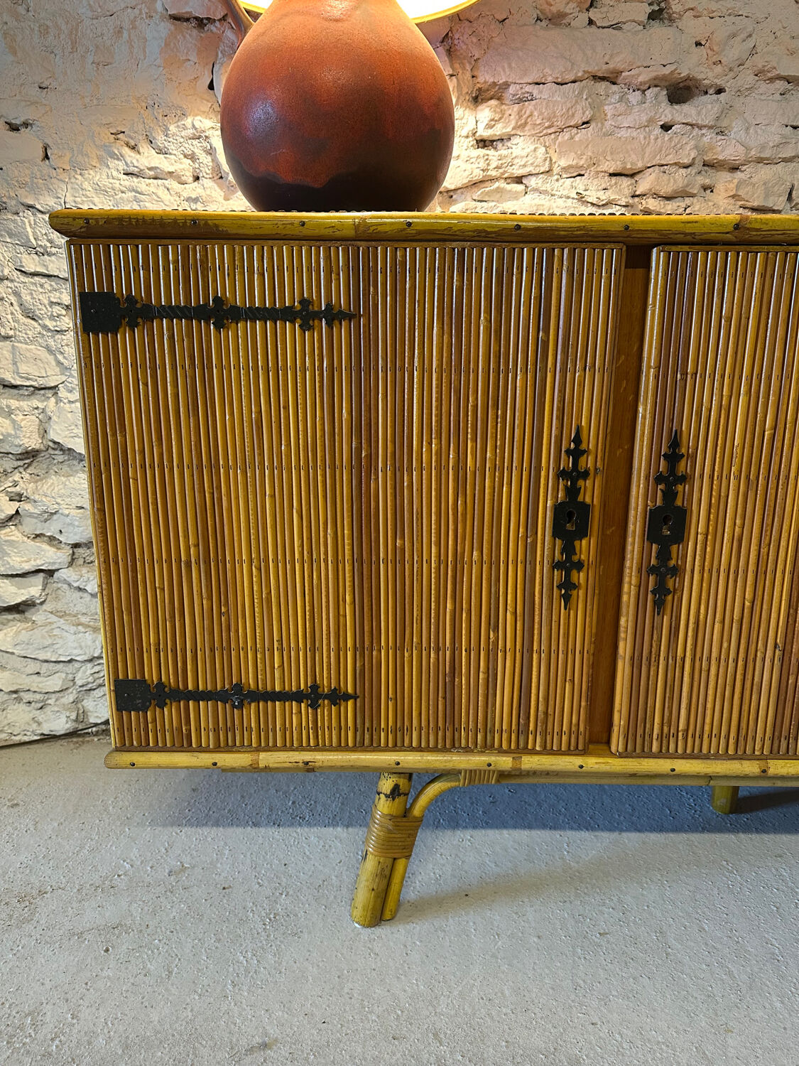 Bamboo and metal enfilade in the Audoux Minet style, 1950s.