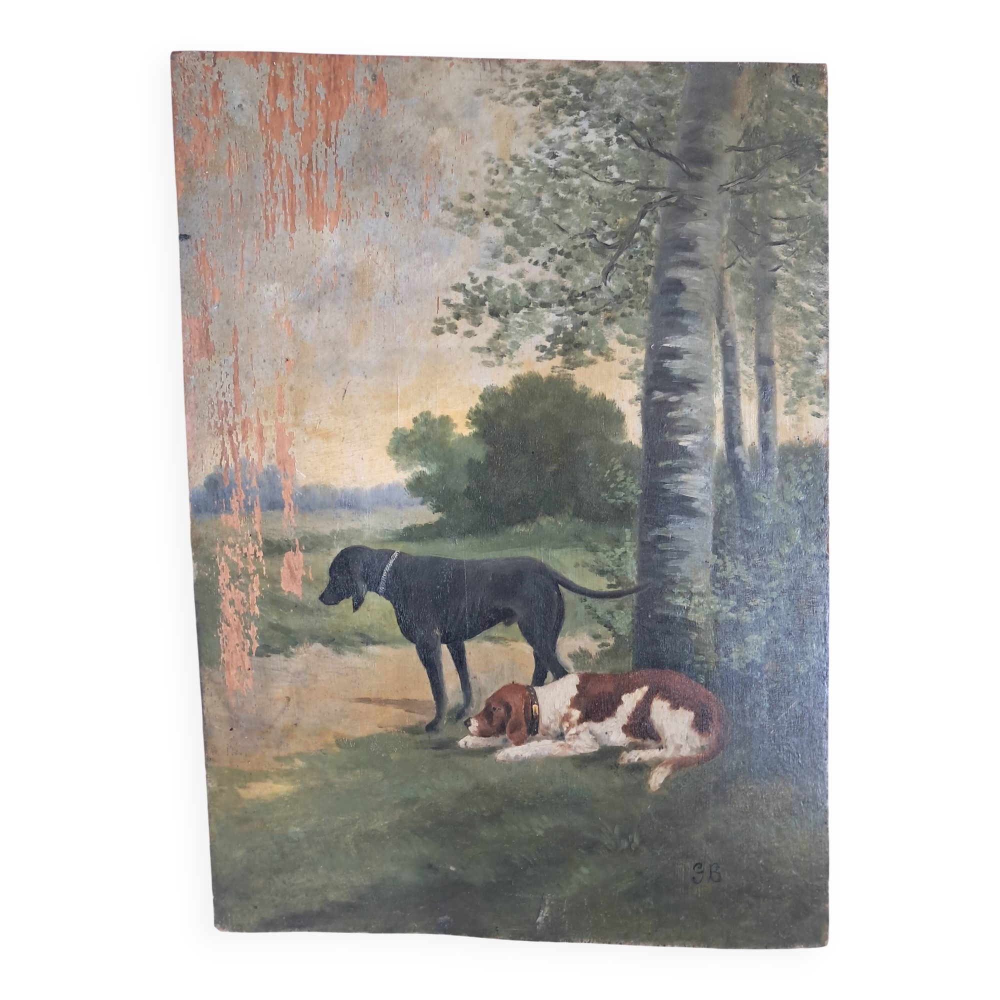 Tableau ancien représentant un paysage avec des chiens
