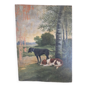 Tableau ancien représentant - chiens