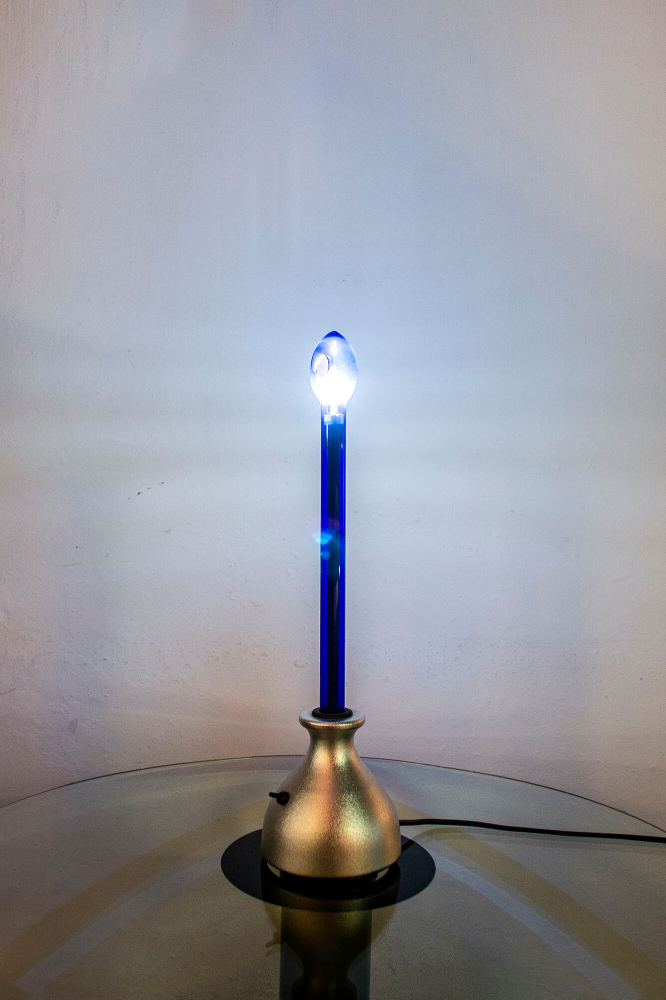 Table lamp with aluminum base and blue glass lampshade Italy Years'2000