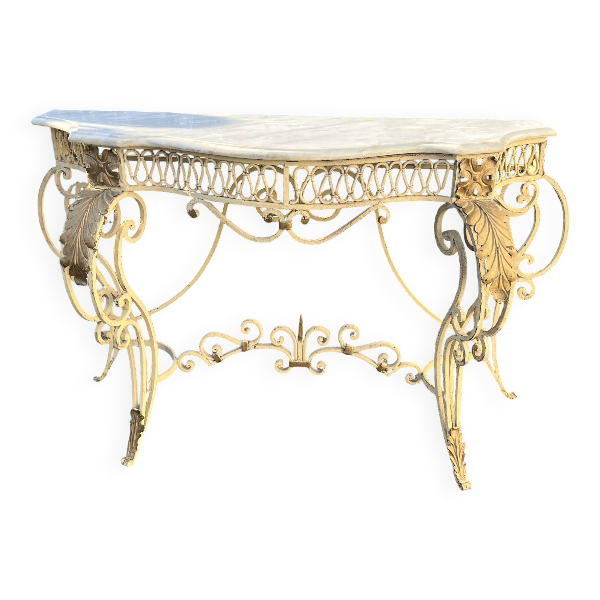 Half-moon console in wrought iron and marble