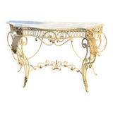 Half-moon console in wrought iron and marble