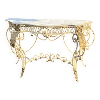 Half-moon console in wrought iron and marble