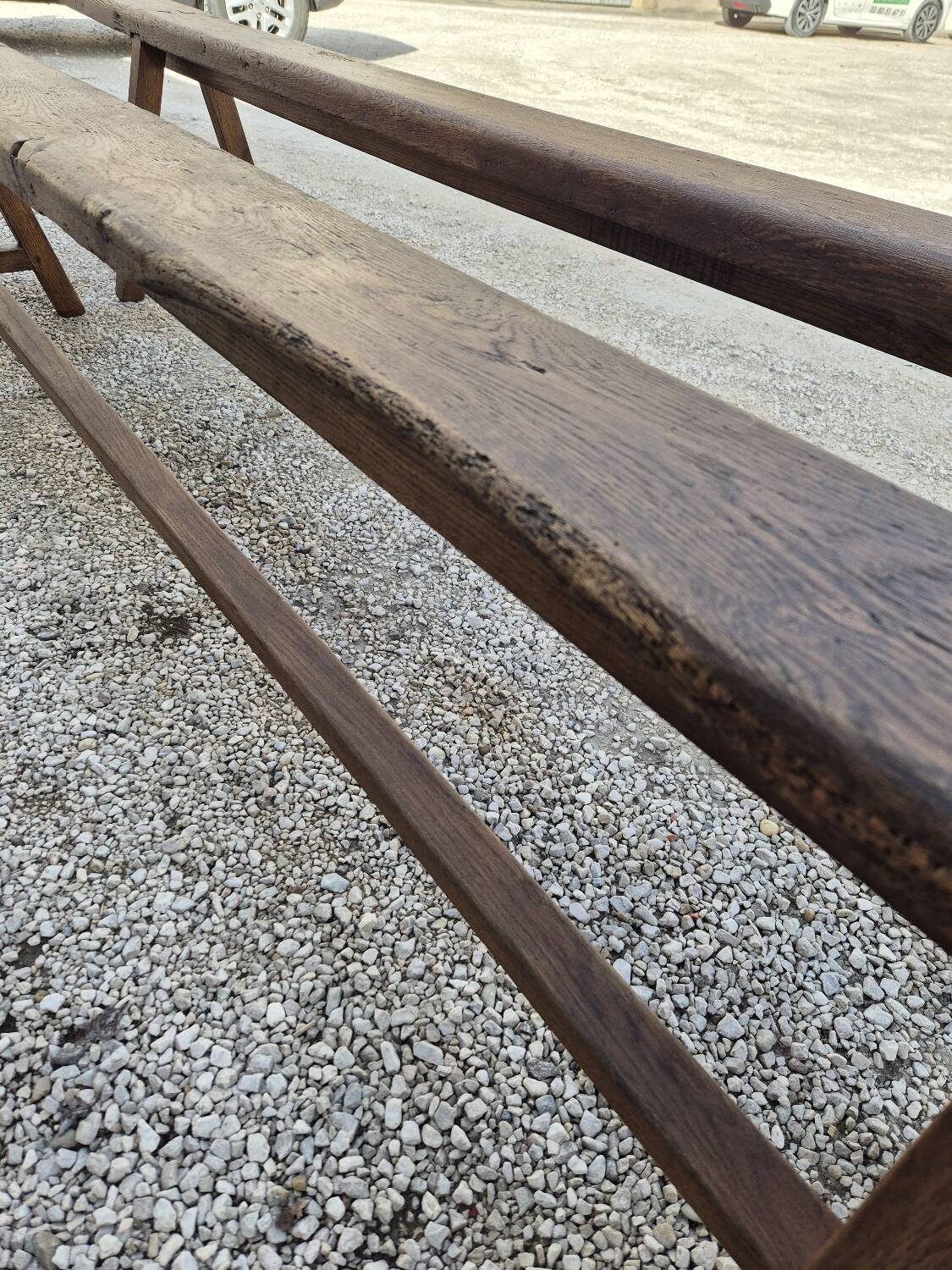 Pair of rustic solid oak farm benches 19th century - 2m90