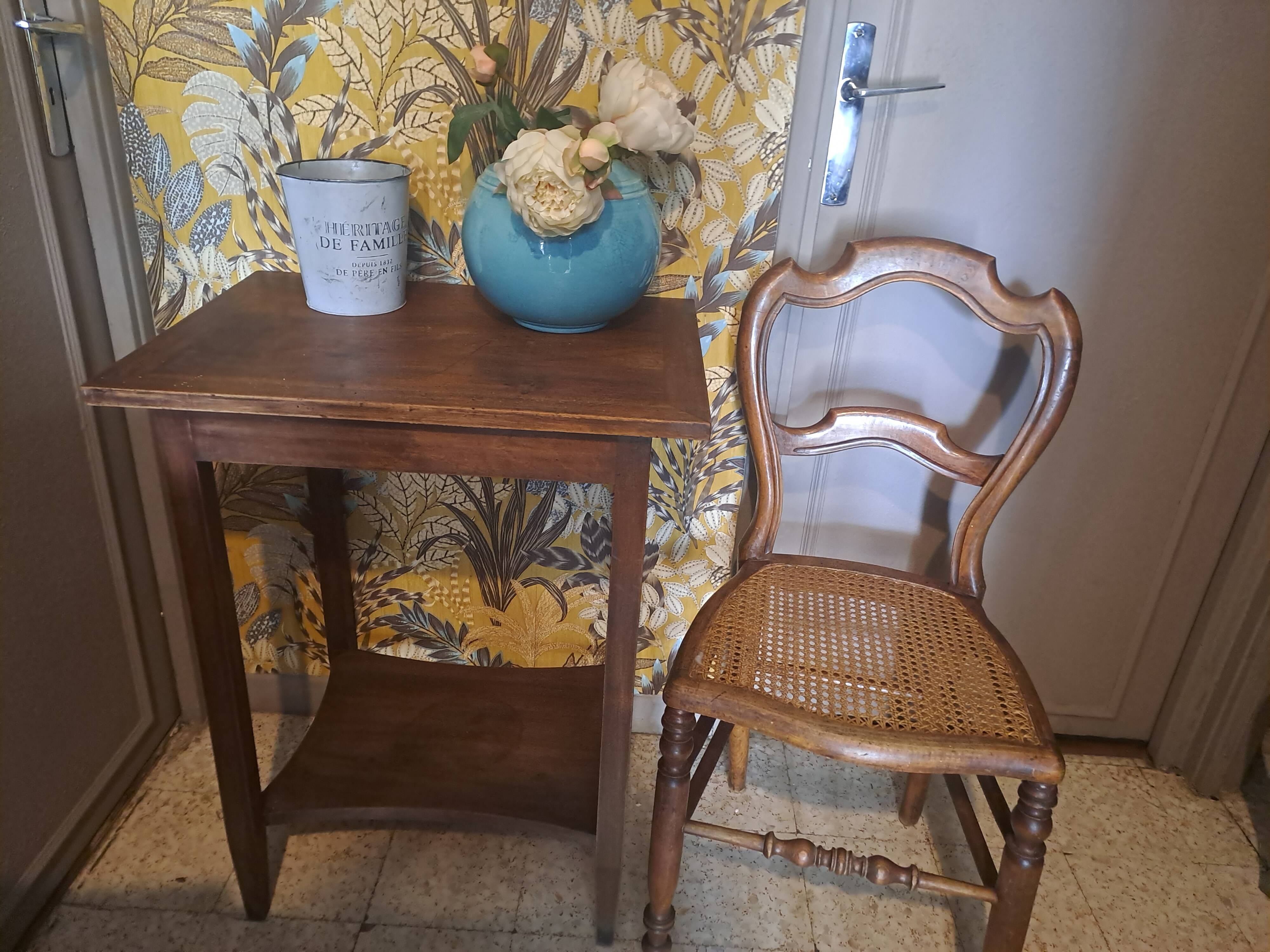 Pair of 1950s light wood bistro chairs with cane seats