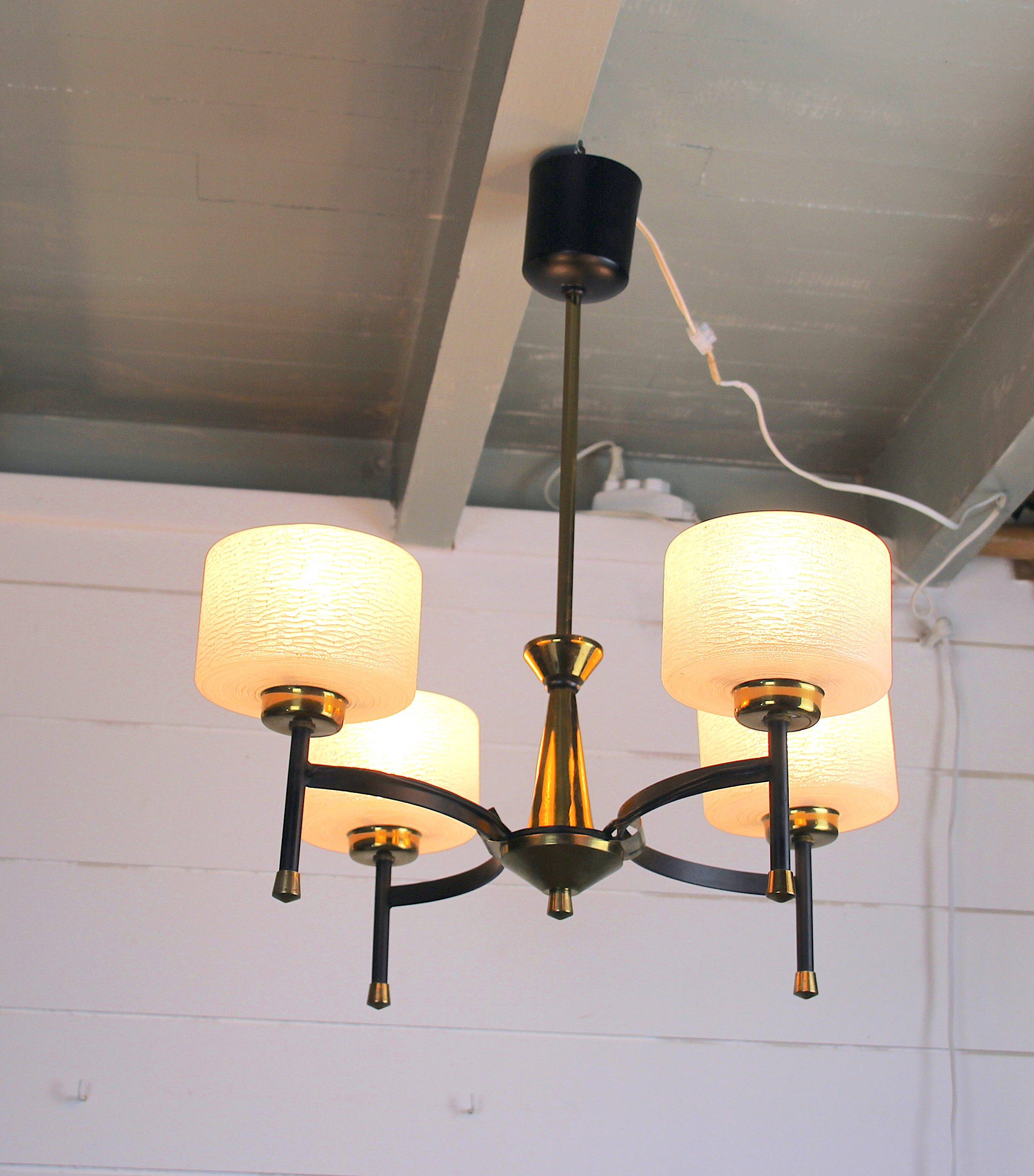 Maison Arlus, Mid-century chandelier, brass and opaline, France 1950