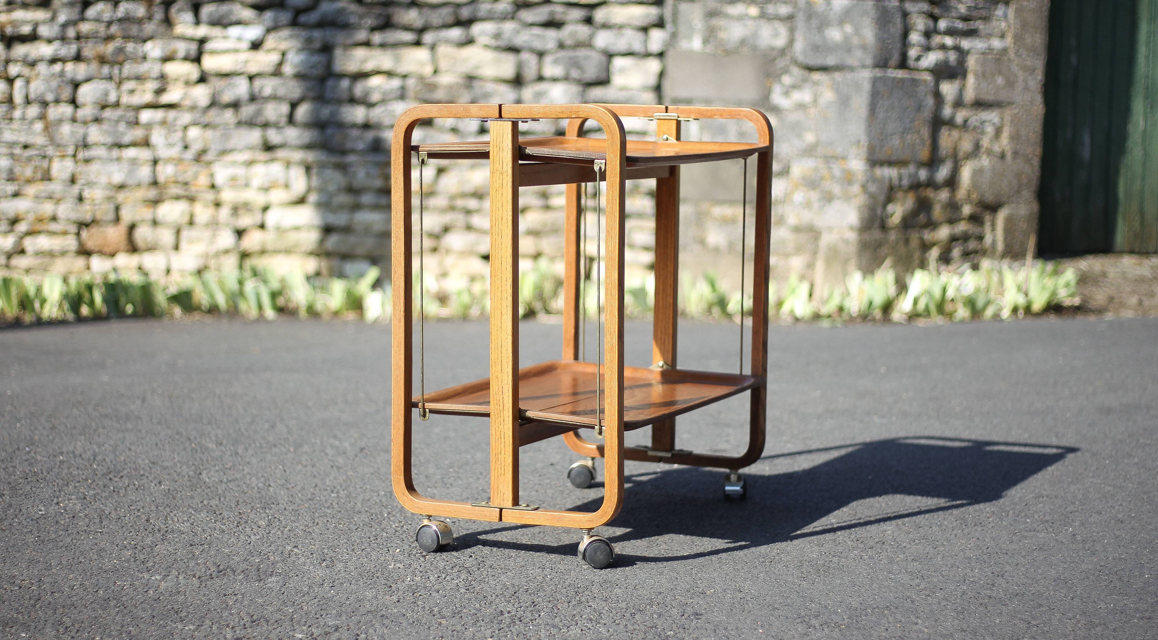 Vintage serving trolley, folding trolley, thermoformed wooden serving trolley