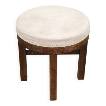 Art Deco Walnut Veneer Upholstered Stool, Czechoslovakia 1930s