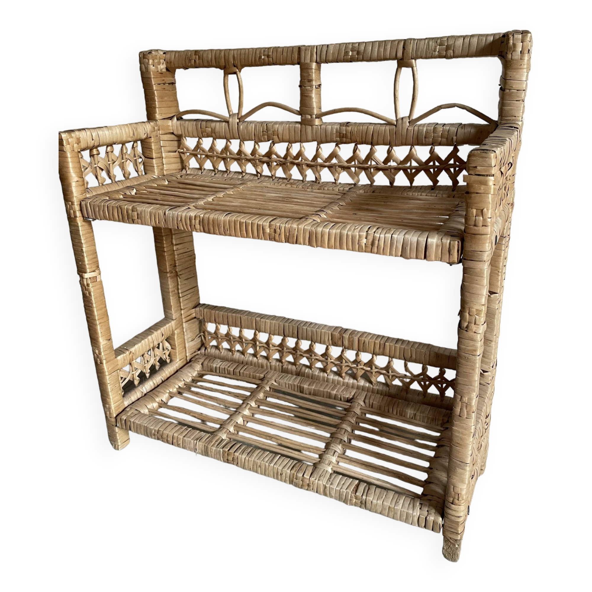 Small light beige wicker and rattan shelf