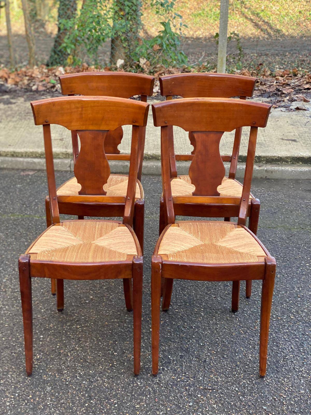 4 Landais chairs with solid oak cross frames, straw seats.