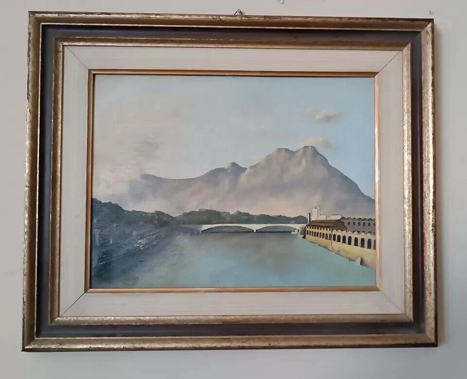 Oil painting on canvas board, 1950s, signed NAVA, lake, river.