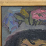 Oil portrait woman in hat with flouvers, framed