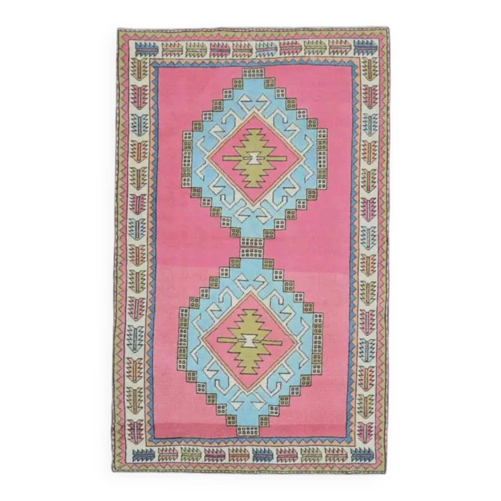 1970s vintage Turkish hand-knotted wool cotton pink area rug 128x208