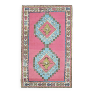1970s vintage Turkish hand-knotted wool cotton pink area rug 128x208