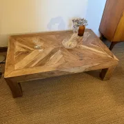 Large coffee table made of solid sheesham wood, with a diamond point marquetry top.