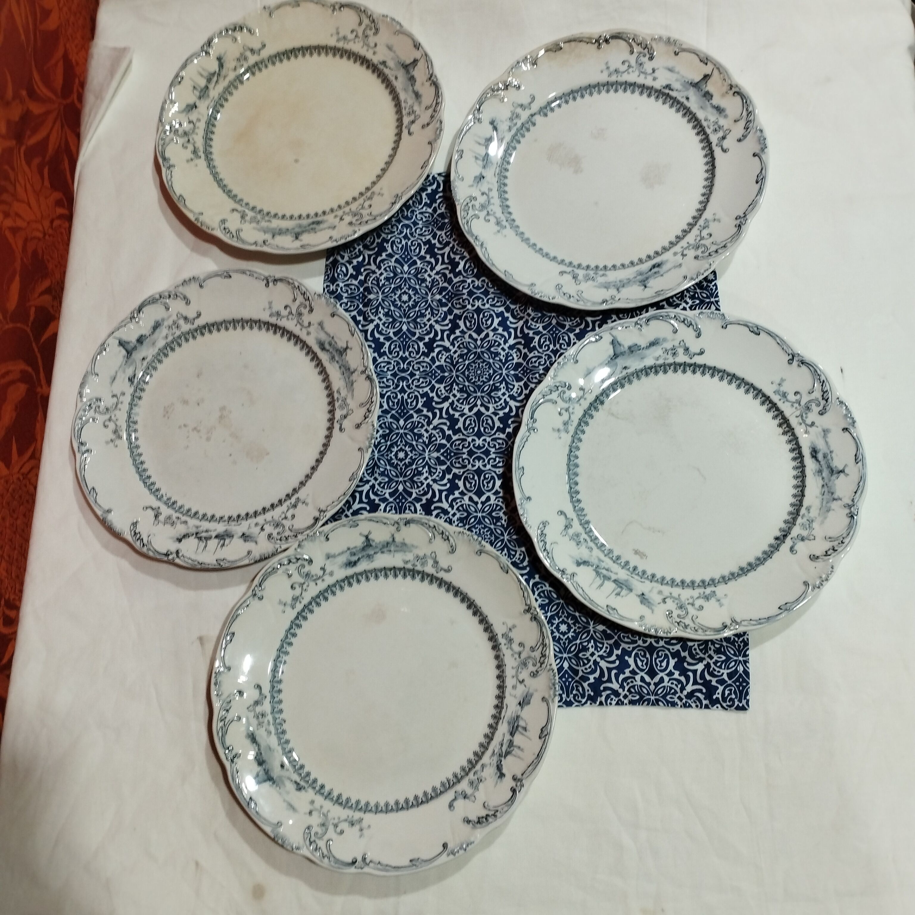 Set of 5 antique plates ridgways royal semi porcelain england delft