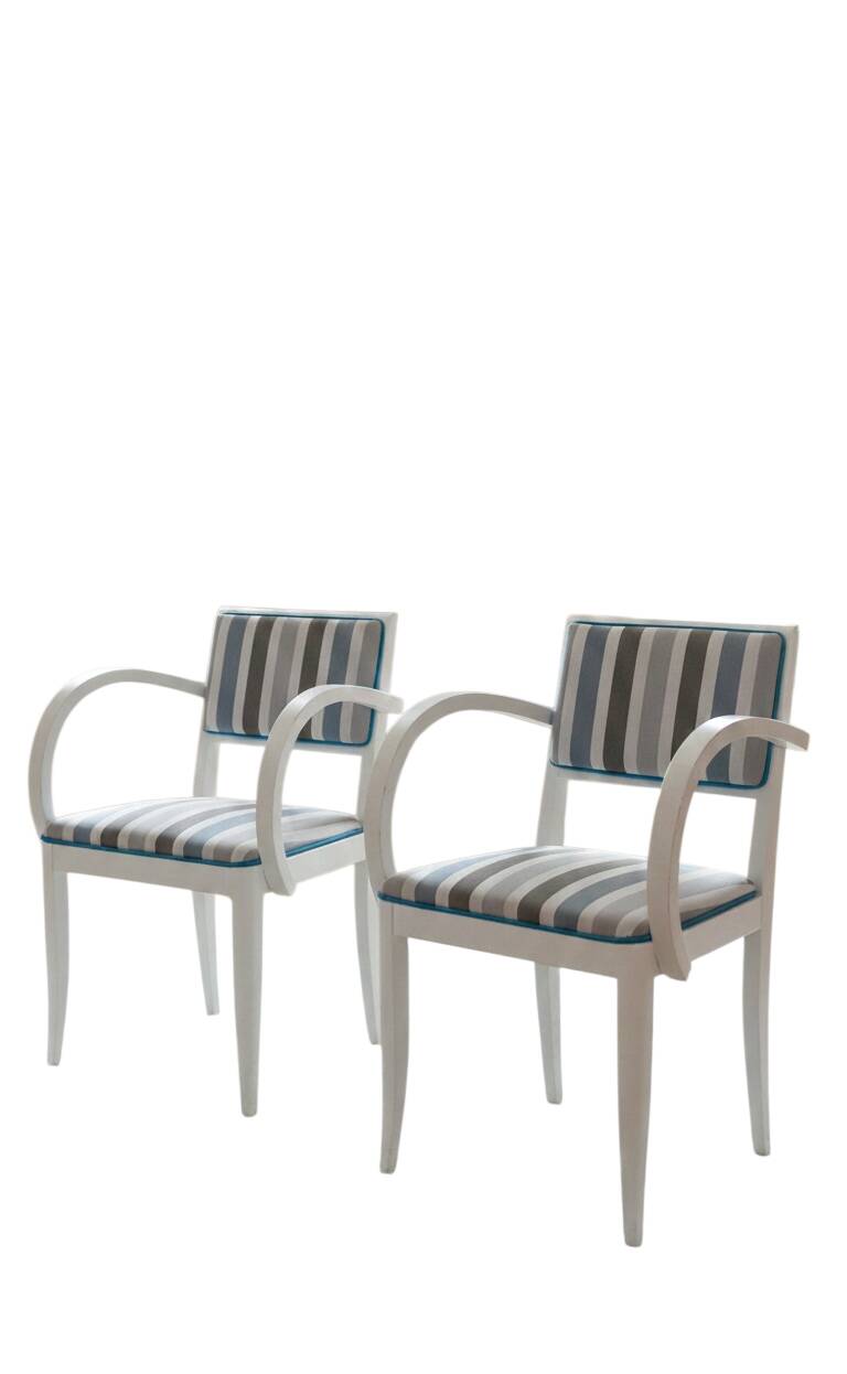 Pair of Vintage Art Deco Style Armchairs - White Wood and Striped Fabric