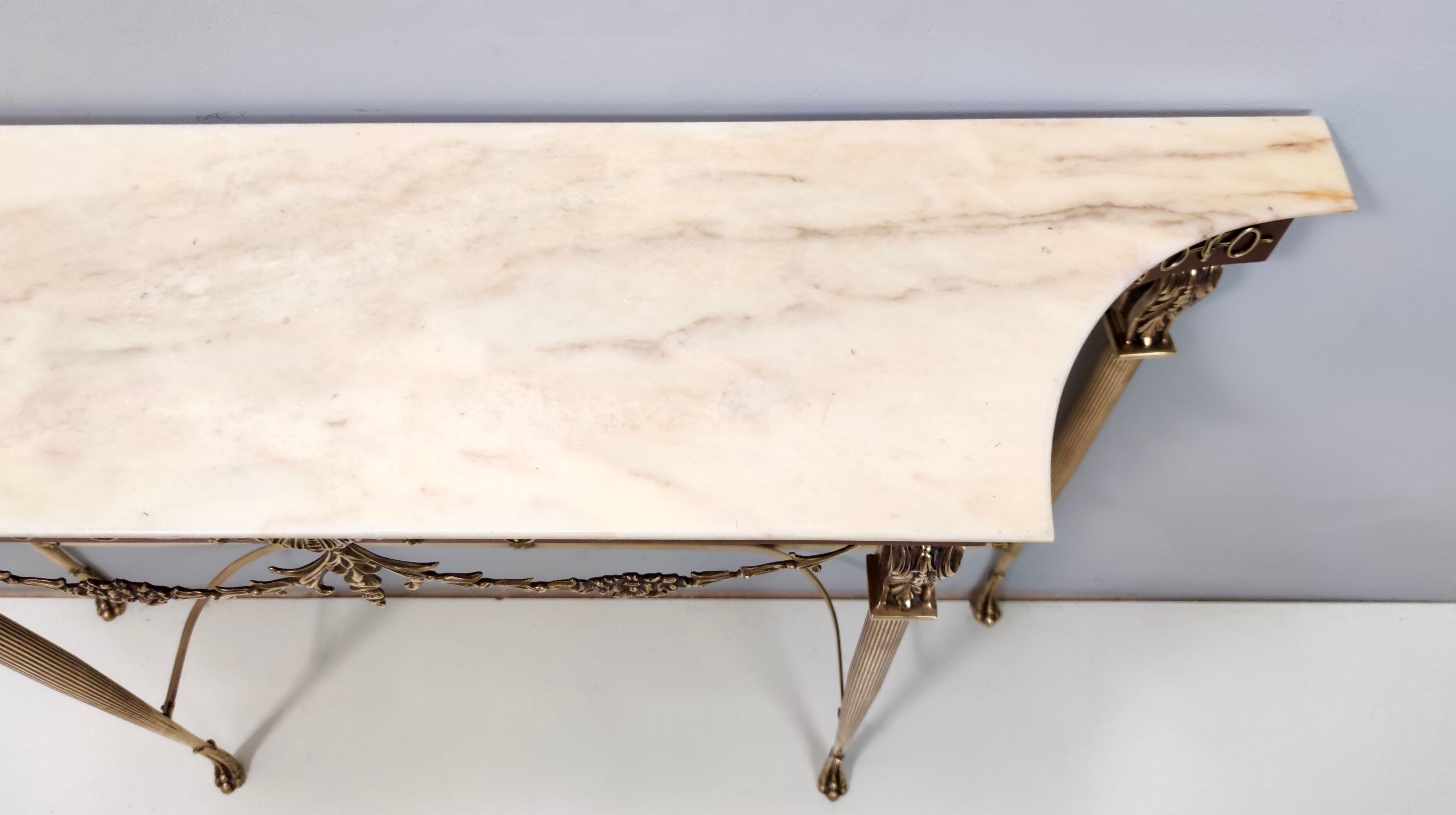 Vintage walnut console with a portuguese pink marble top and brass frame, italy