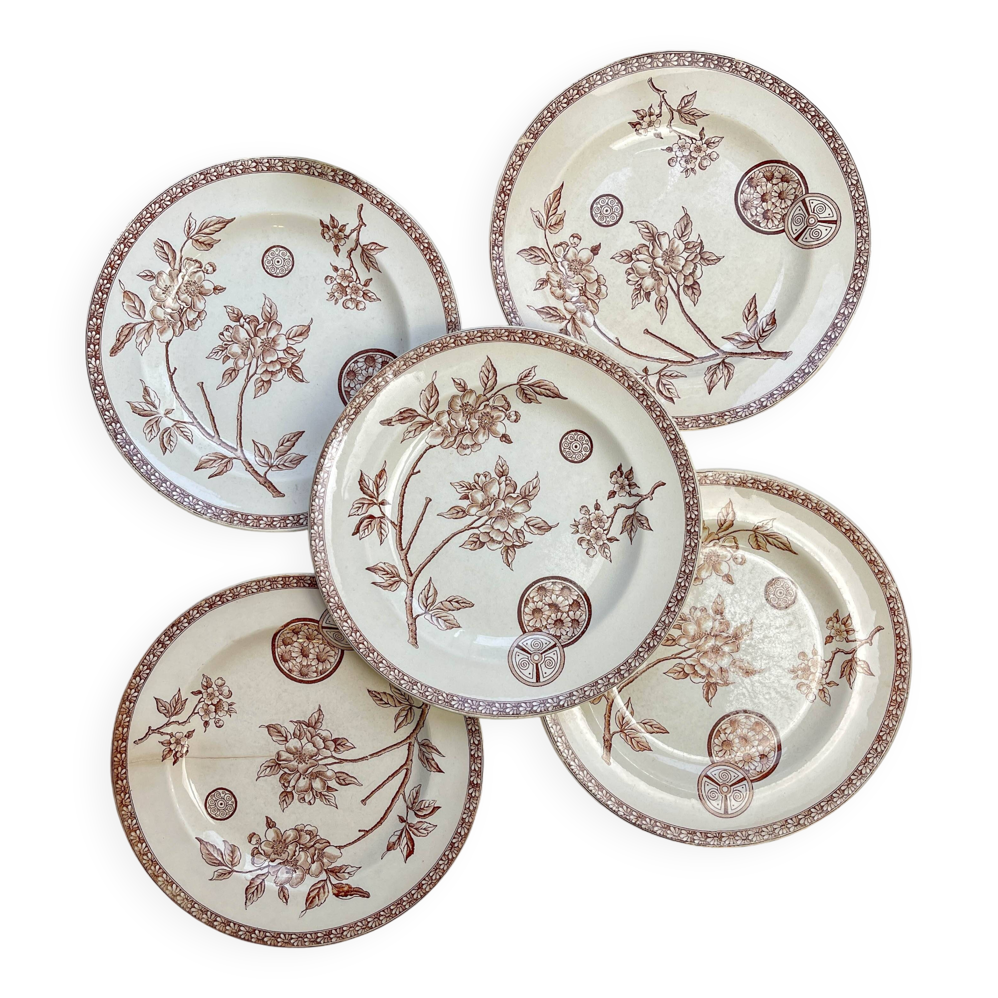 5 large old plates in brown ironstone - Grand Dépôt Paris