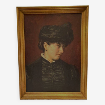 Oil on mahogany panel "Young Woman with a Hat" 20th century