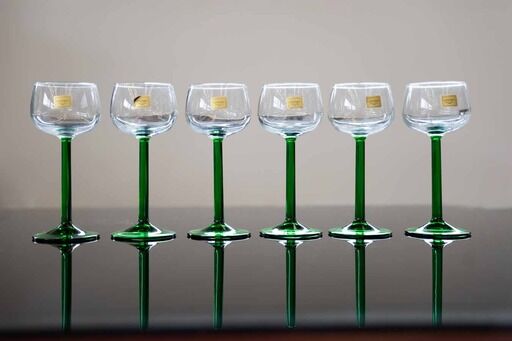 Luminarc france green stemmed liqueur/wine glasses, vintage, 1970s, set of 6