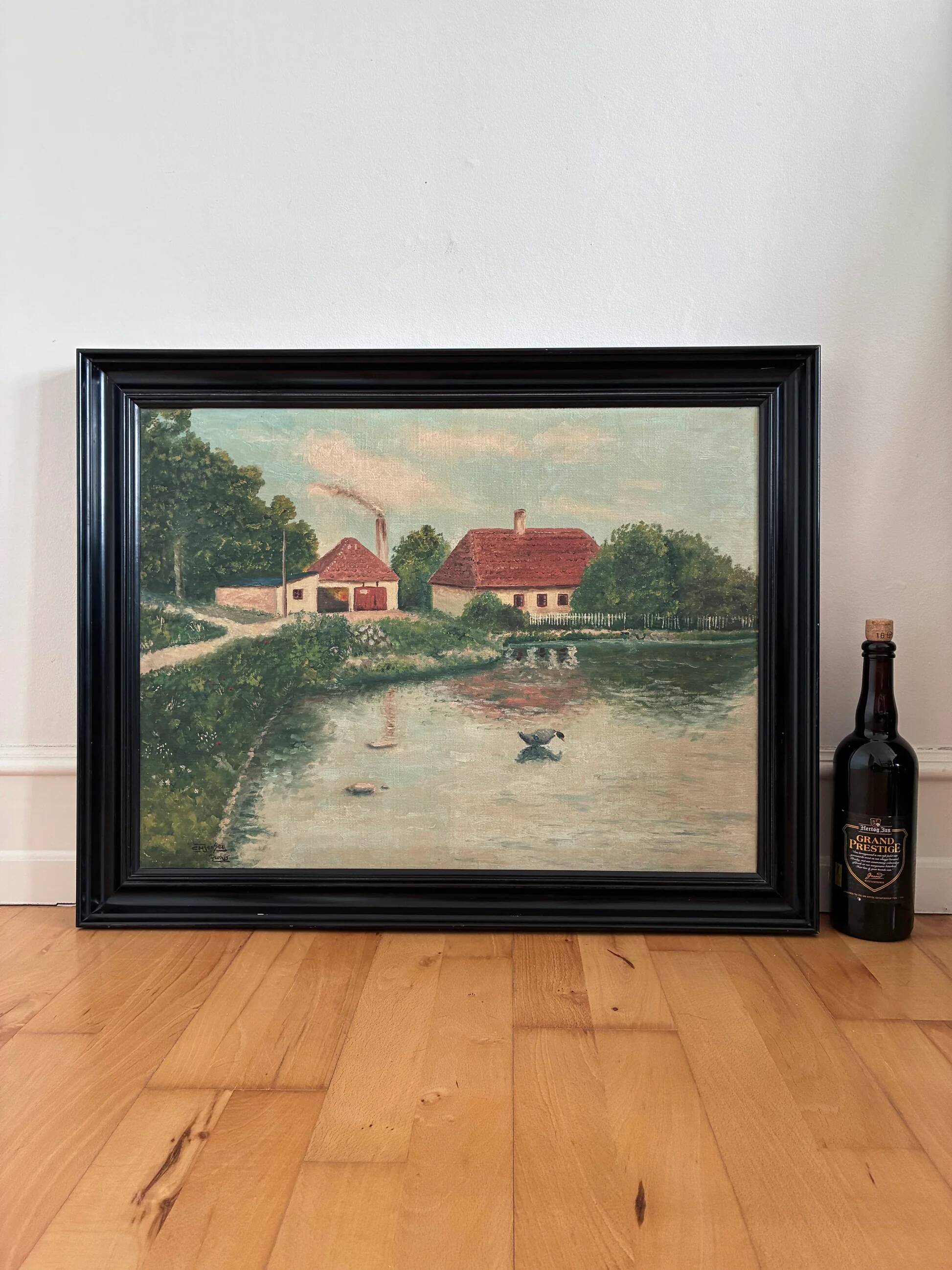 Vintage original landscape oil painting, signed farmhouse art