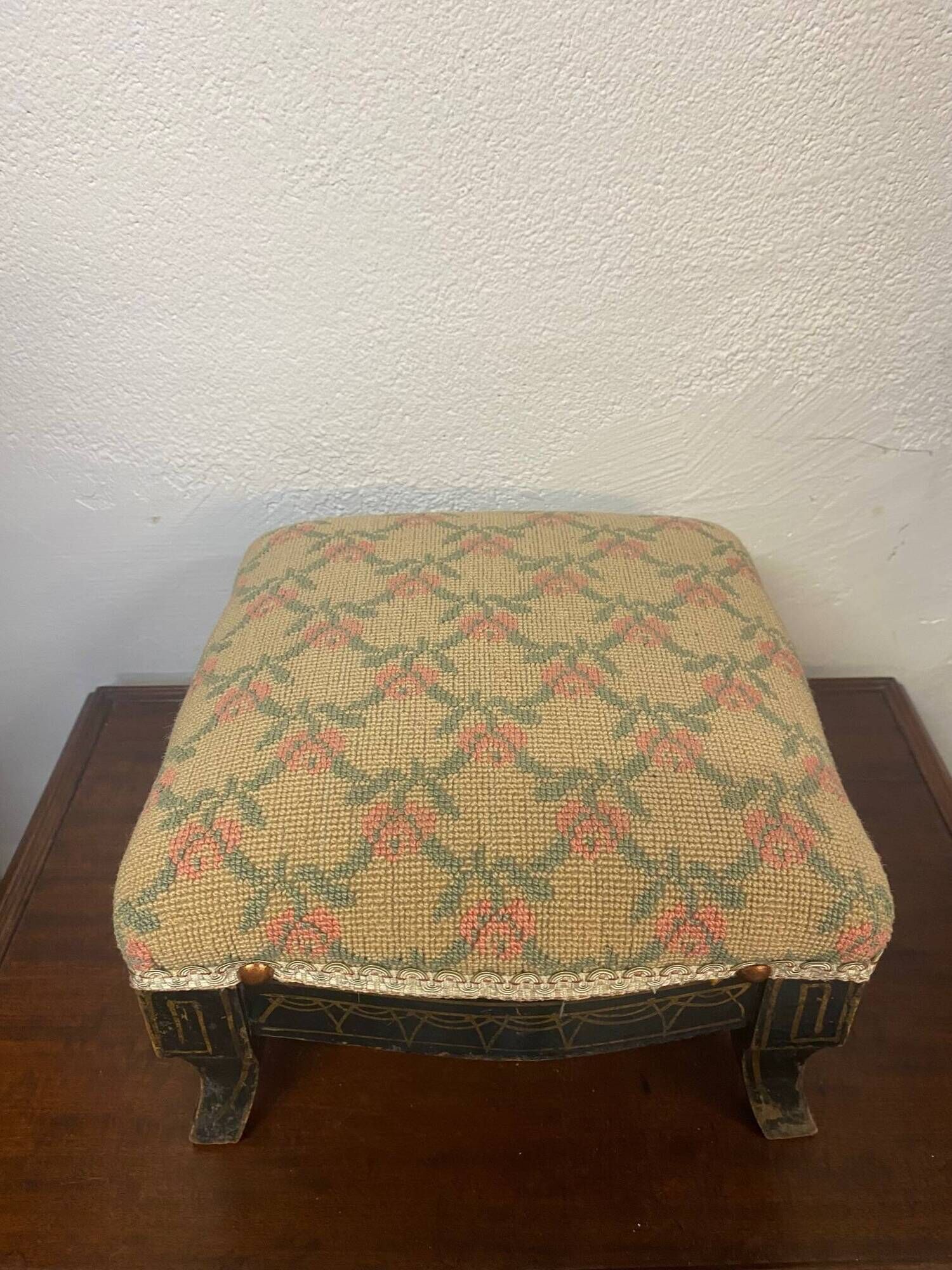 Antique napoleon lll style footrest blackened wood and cross stitch embroidery