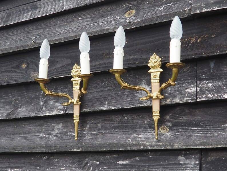 Vintage French Empire Sconces: Gilt Bronze, Salmon Column Double Arm Light