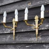 Vintage French Empire Sconces: Gilt Bronze, Salmon Column Double Arm Light