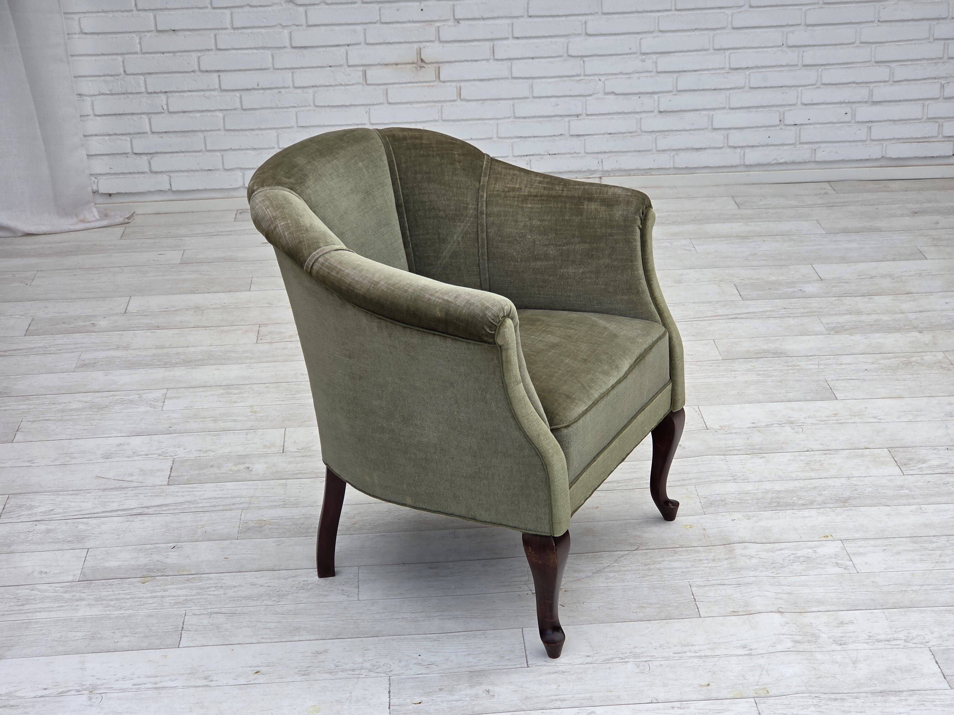 1960s, Danish armchair, green furniture velour, beech wood legs.