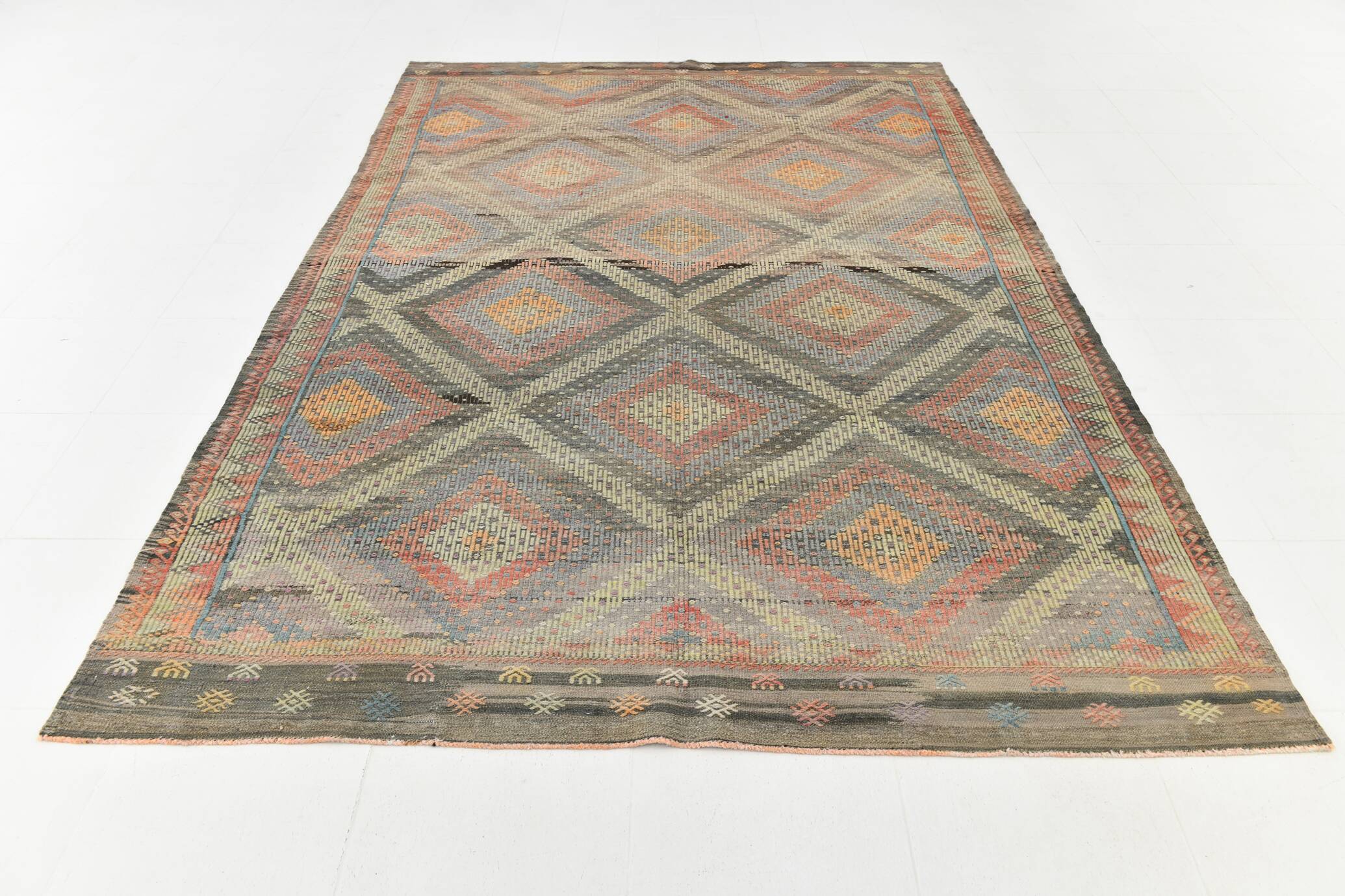 7x10 Kilim Grey Tons Living Room Wool Kilim Rug, 202x315Cm