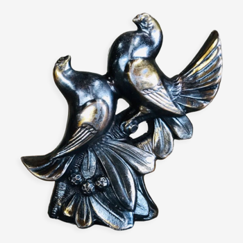 Presse livre vintage français des années 50 en marbre et couple de colombes ou pigeons en laiton